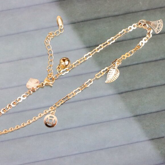 "Rose Gold Plated Dual Chain Anklet with Leaf and Fan Charms, XPAL1194 - Picture 12 of 12